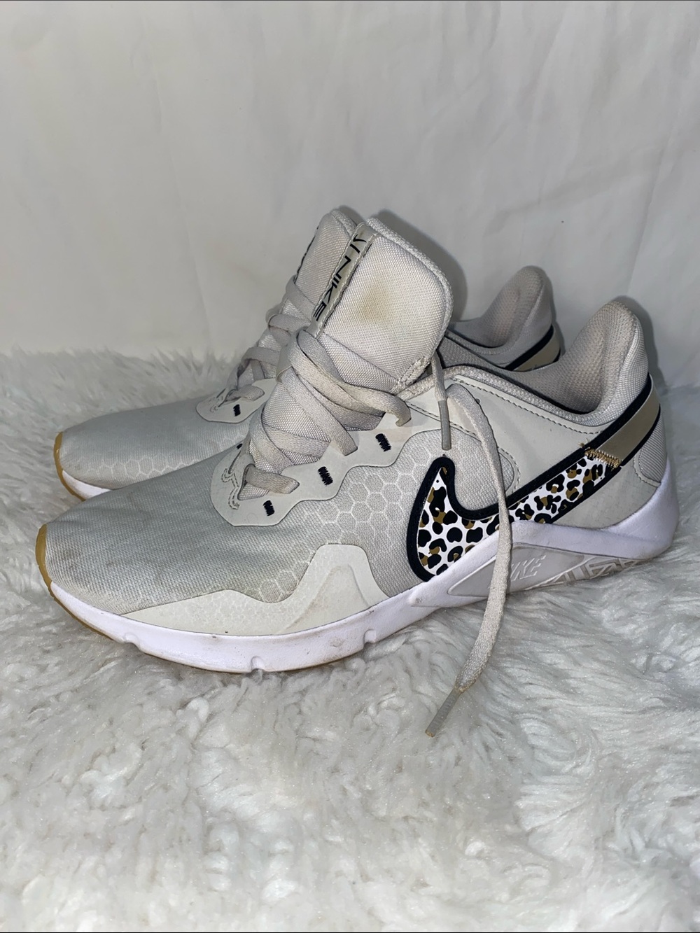 Nike CZ3668-017 Women's White Athletic Shoes with Leopard Swoosh and Gold Trim